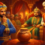 The Puzzle That Confused the Entire Court - Birbal standing in Emperor Akbar’s royal court observing a sealed clay pot while ministers look confused