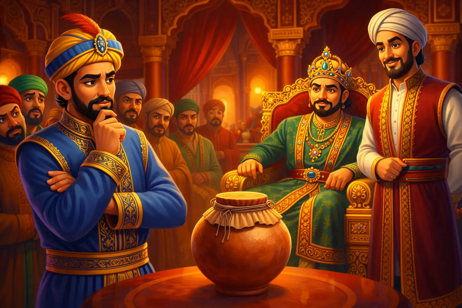 The Puzzle That Confused the Entire Court - Birbal standing in Emperor Akbar’s royal court observing a sealed clay pot while ministers look confused