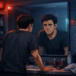 The Stranger in the Mirror - man staring at strange reflection in mirror psychological twist scene