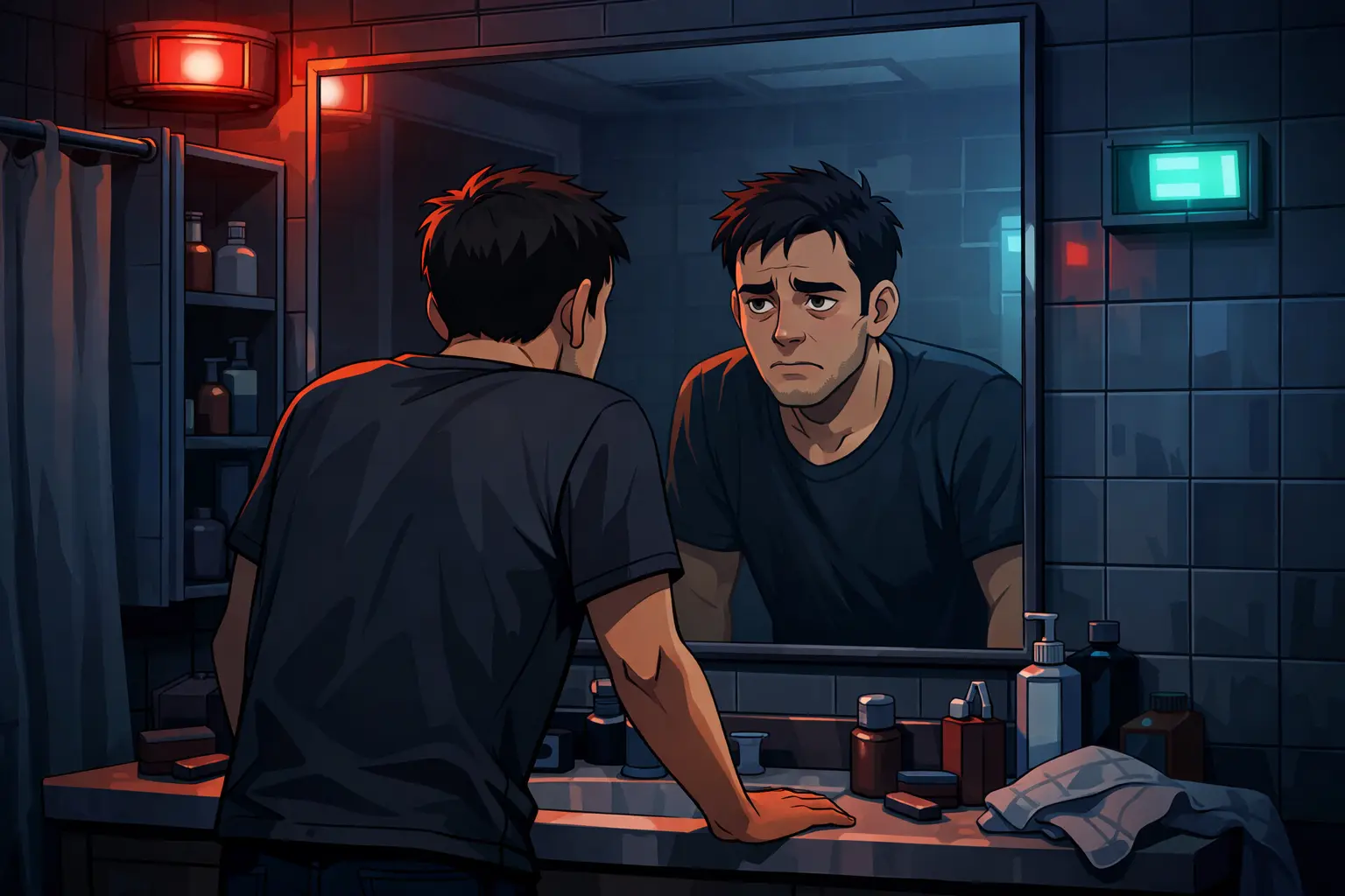 The Stranger in the Mirror - man staring at strange reflection in mirror psychological twist scene