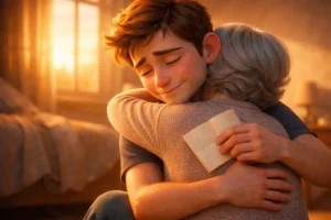 The letter that changed everything – emotional scene of a young man hugging his elderly mother after reading a heartfelt handwritten letter.