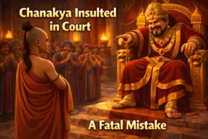 The public insult of Chanakya in Magadha as King Dhanananda mocks him in a crowded royal court
