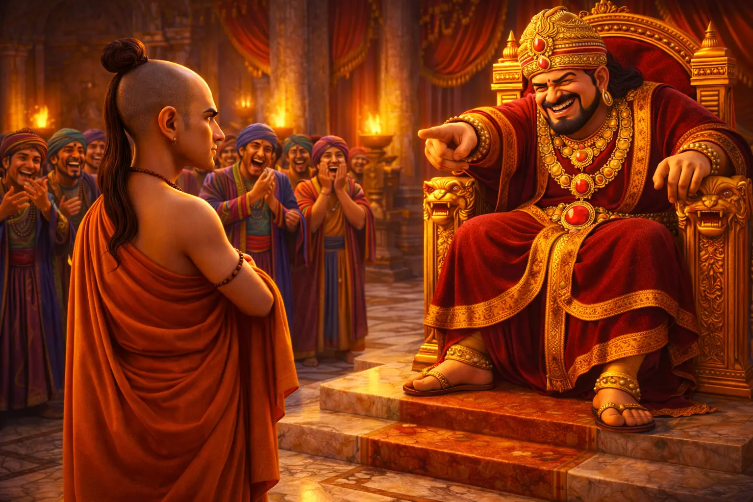 The public insult of Chanakya in Magadha as King Dhanananda mocks him in a crowded royal court
