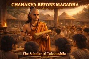 Who Was Chanakya Before Magadha - Chanakya teaching at Takshashila before Magadha, symbol of intelligence, discipline, and ancient Indian wisdom