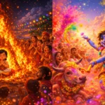 Why Holi is celebrated – Prahlad in Holika Dahan fire and Lord Krishna playing colors in vibrant festival scene