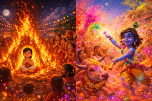 Why Holi is celebrated – Prahlad in Holika Dahan fire and Lord Krishna playing colors in vibrant festival scene