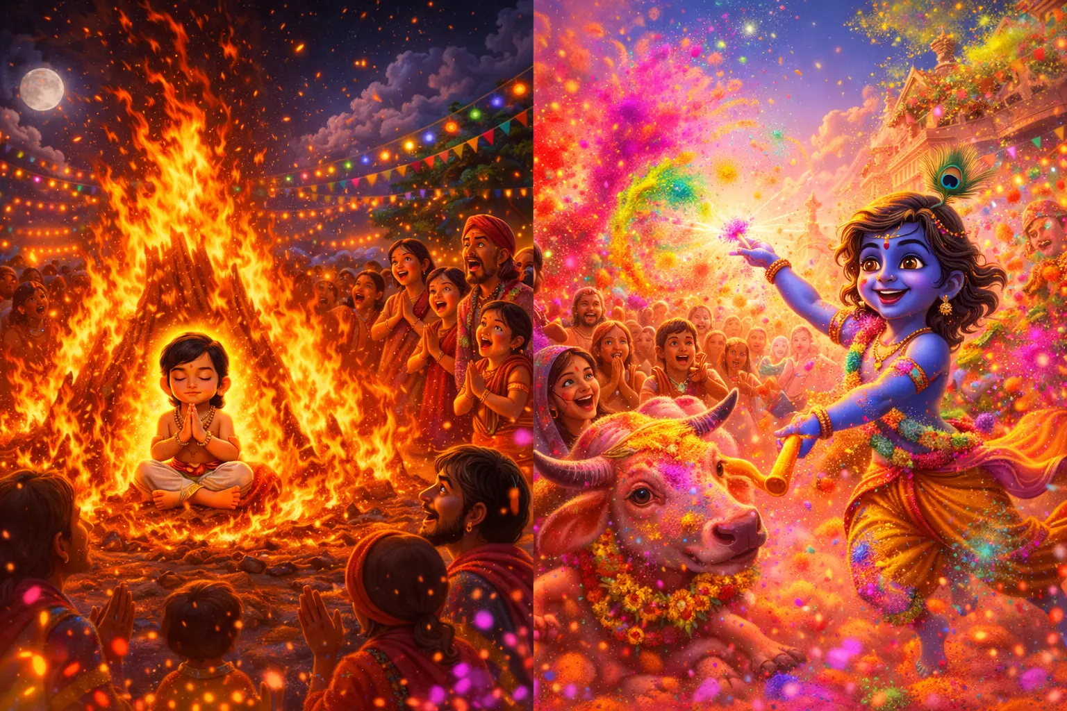 Why Holi is celebrated – Prahlad in Holika Dahan fire and Lord Krishna playing colors in vibrant festival scene