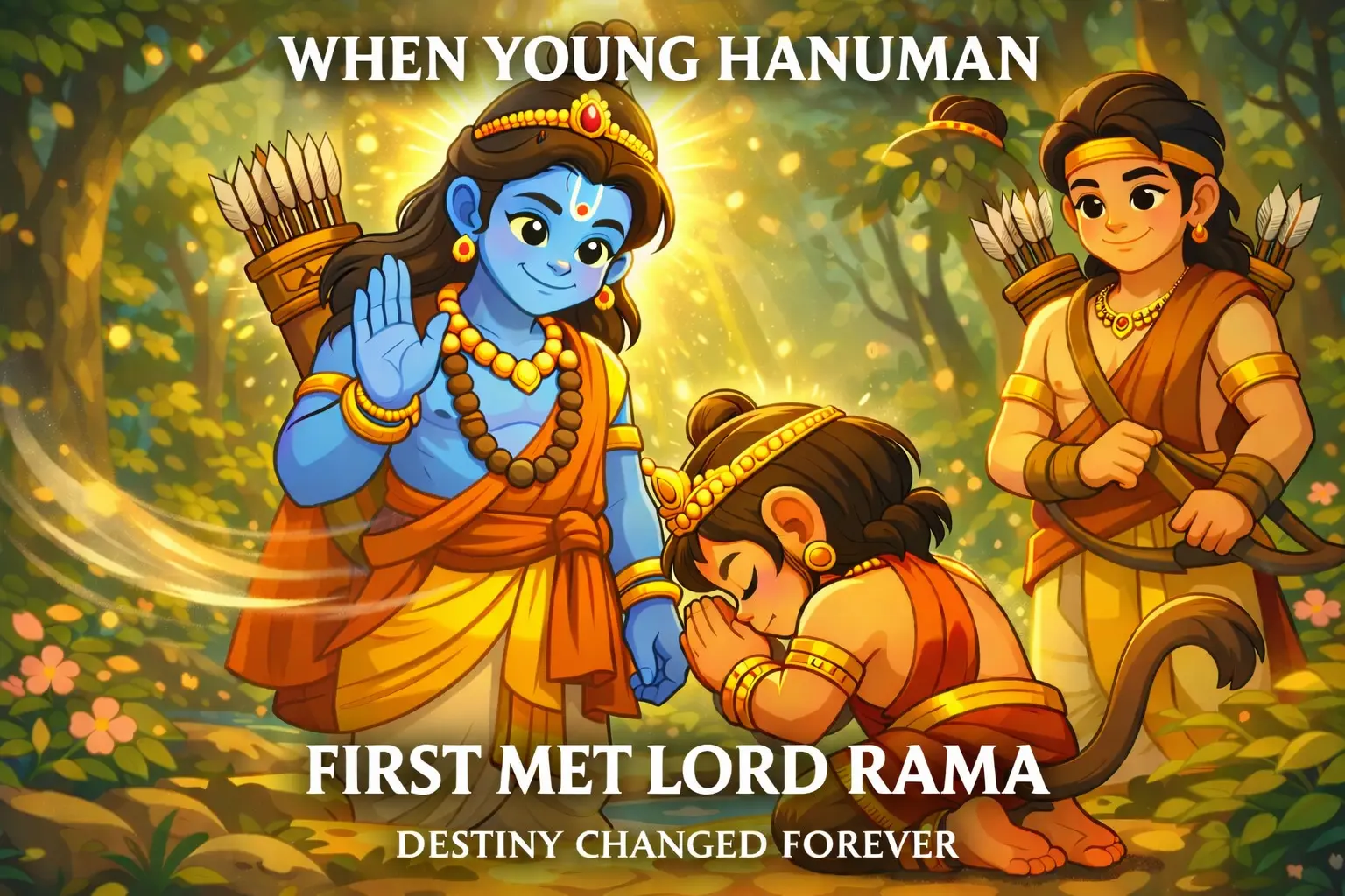 Young Hanuman meets Lord Rama for the first time in the forest with Lakshmana
