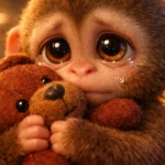 baby monkey and teddy bear story - Baby monkey hugging teddy bear tightly with teary eyes in emotional animal shelter scene