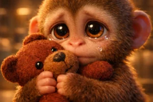baby monkey and teddy bear story - Baby monkey hugging teddy bear tightly with teary eyes in emotional animal shelter scene