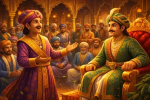 birbal and the broken court rule story illustration in Akbar’s court