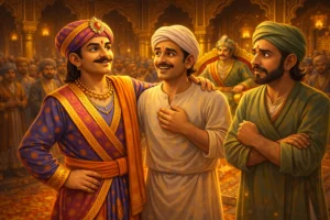 birbal answer saved innocent man story illustration in royal court