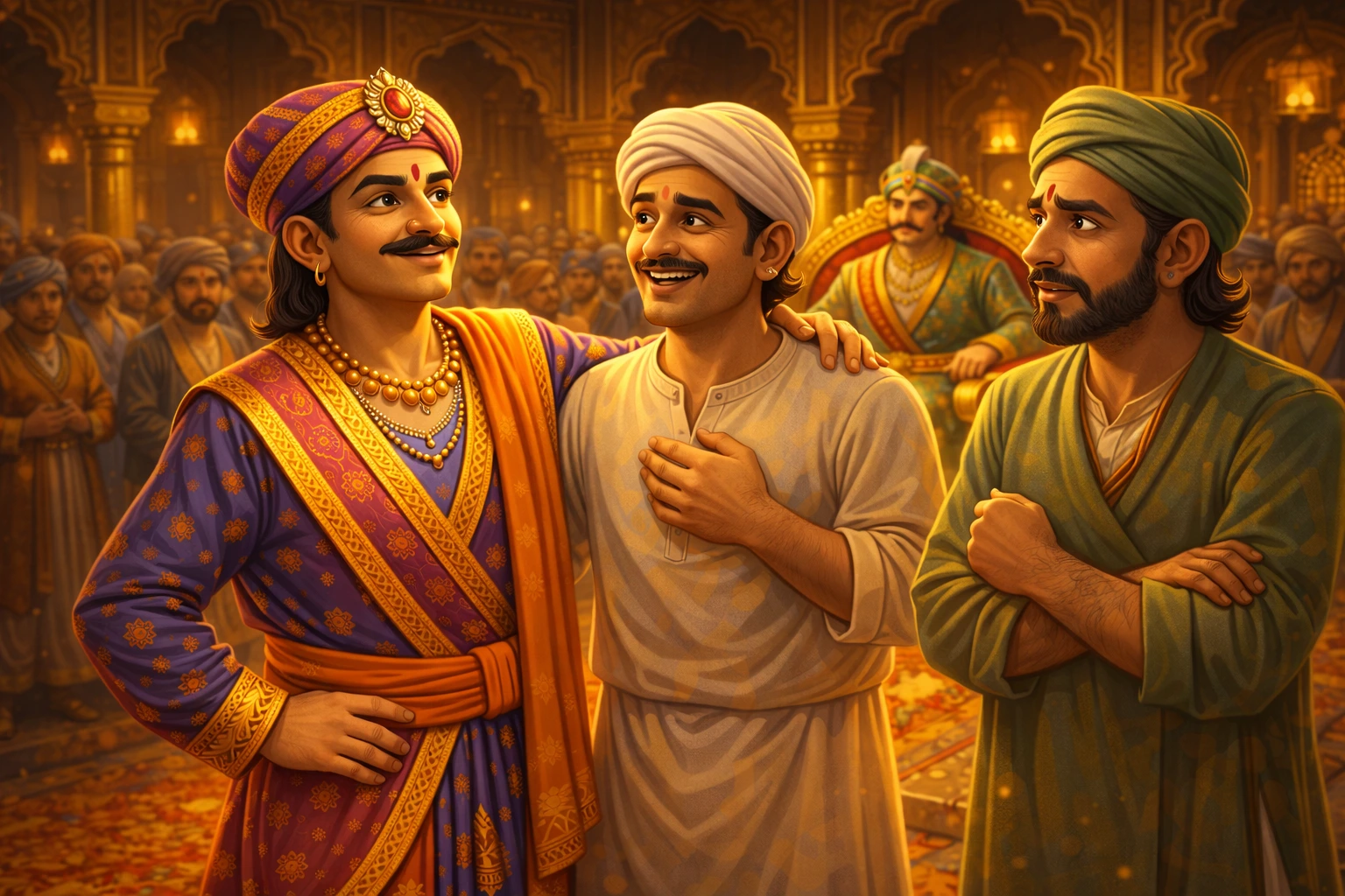 birbal answer saved innocent man story illustration in royal court