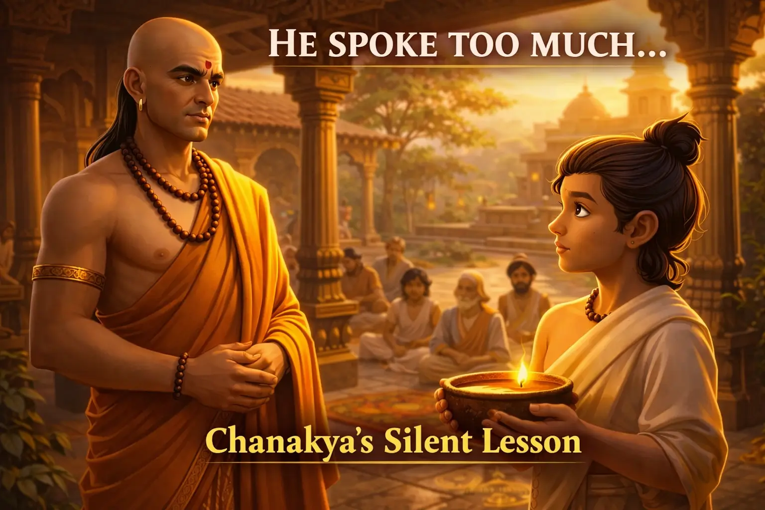 chanakya and the student who spoke too much story illustration in gurukul