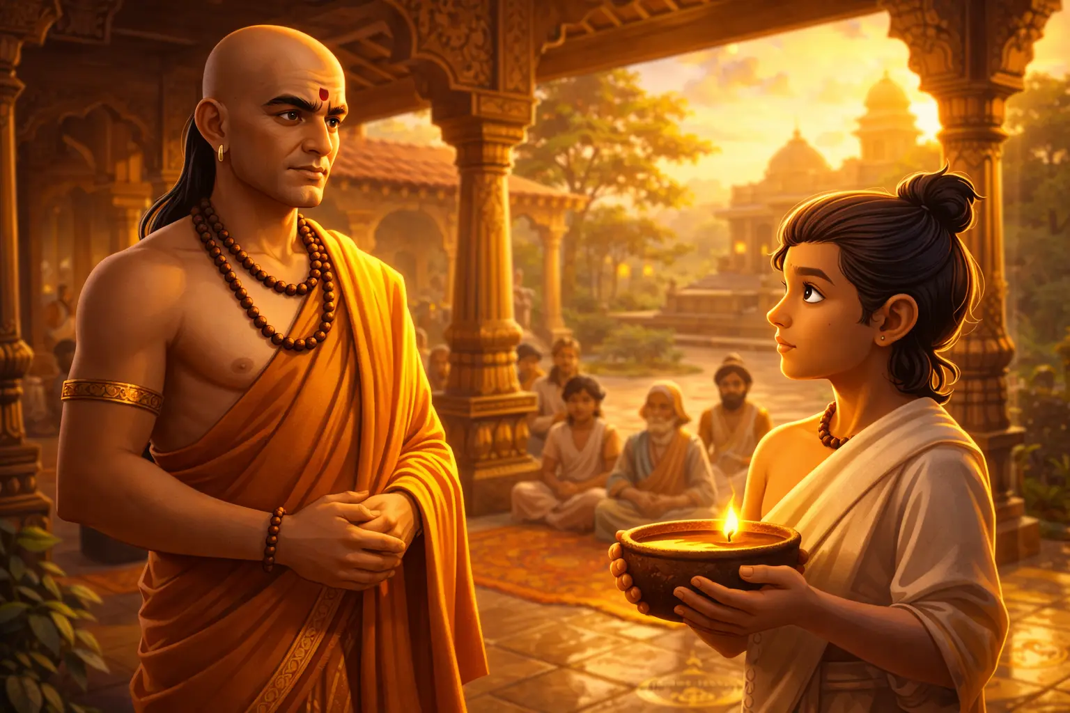 chanakya and the student who spoke too much story illustration in gurukul
