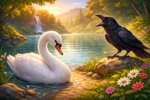 silent swan and foolish crow story illustration