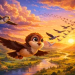 the bird who chose the longer path - Young bird flying with older birds on a longer path while dark storm clouds gather over mountains