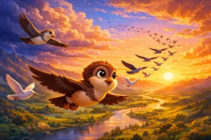 the bird who chose the longer path - Young bird flying with older birds on a longer path while dark storm clouds gather over mountains