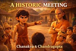 Chanakya Meets Chandragupta for the First Time - Chanakya observing young Chandragupta Maurya while he leads village children during their first meeting