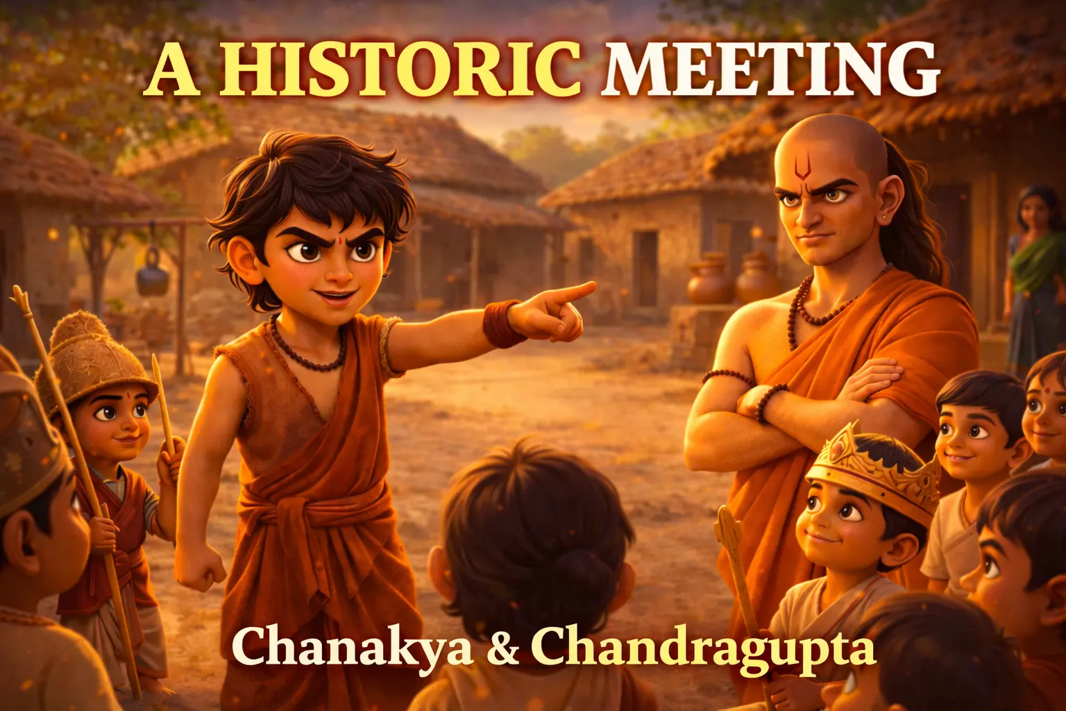 Chanakya Meets Chandragupta for the First Time - Chanakya observing young Chandragupta Maurya while he leads village children during their first meeting