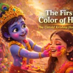 Krishna Holi Story illustration showing young Krishna applying color to Radha in Vrindavan