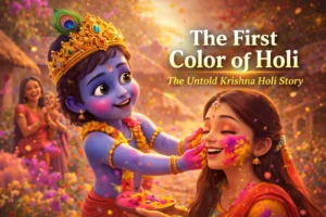 Krishna Holi Story illustration showing young Krishna applying color to Radha in Vrindavan
