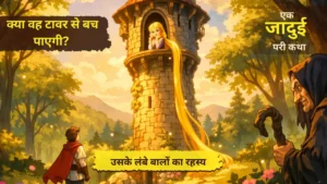 Rapunzel Ki Kahani - रापुंज़ेल की कहानी की चित्र जिसमें एक राजकुमारी टावर में कैद है और उसके लंबे सुनहरे बाल नीचे लटके हैं, नीचे राजकुमार खड़ा है