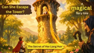 Rapunzel Story for Kids illustration showing a princess trapped in a tower with long golden hair and a prince standing below in a magical forest