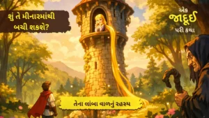 Rapunzel Story in Gujarati with Moral રાપુન્ઝેલ ની વાર્તા નું ચિત્ર જેમાં એક રાજકુમારી ટાવરમાં બંધ છે અને તેના લાંબા સોનેરી વાળ નીચે લટકી રહ્યા છે અને નીચે રાજકુમાર ઉભો છે