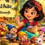 Snow White and the Seven Dwarfs story scene with Snow White and the seven dwarfs in a vibrant fairy tale forest