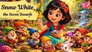 Snow White and the Seven Dwarfs story scene with Snow White and the seven dwarfs in a vibrant fairy tale forest