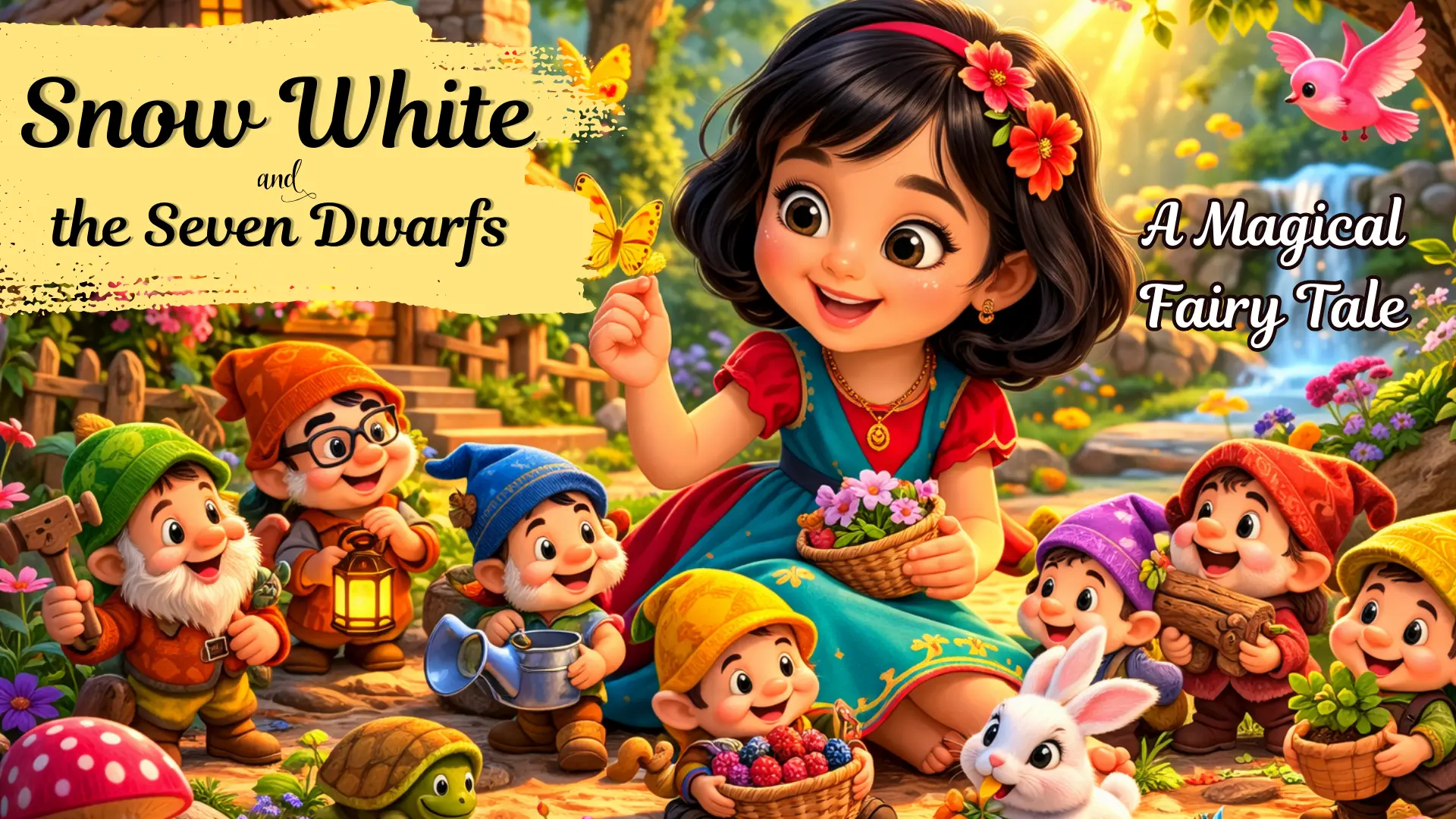 Snow White and the Seven Dwarfs story scene with Snow White and the seven dwarfs in a vibrant fairy tale forest