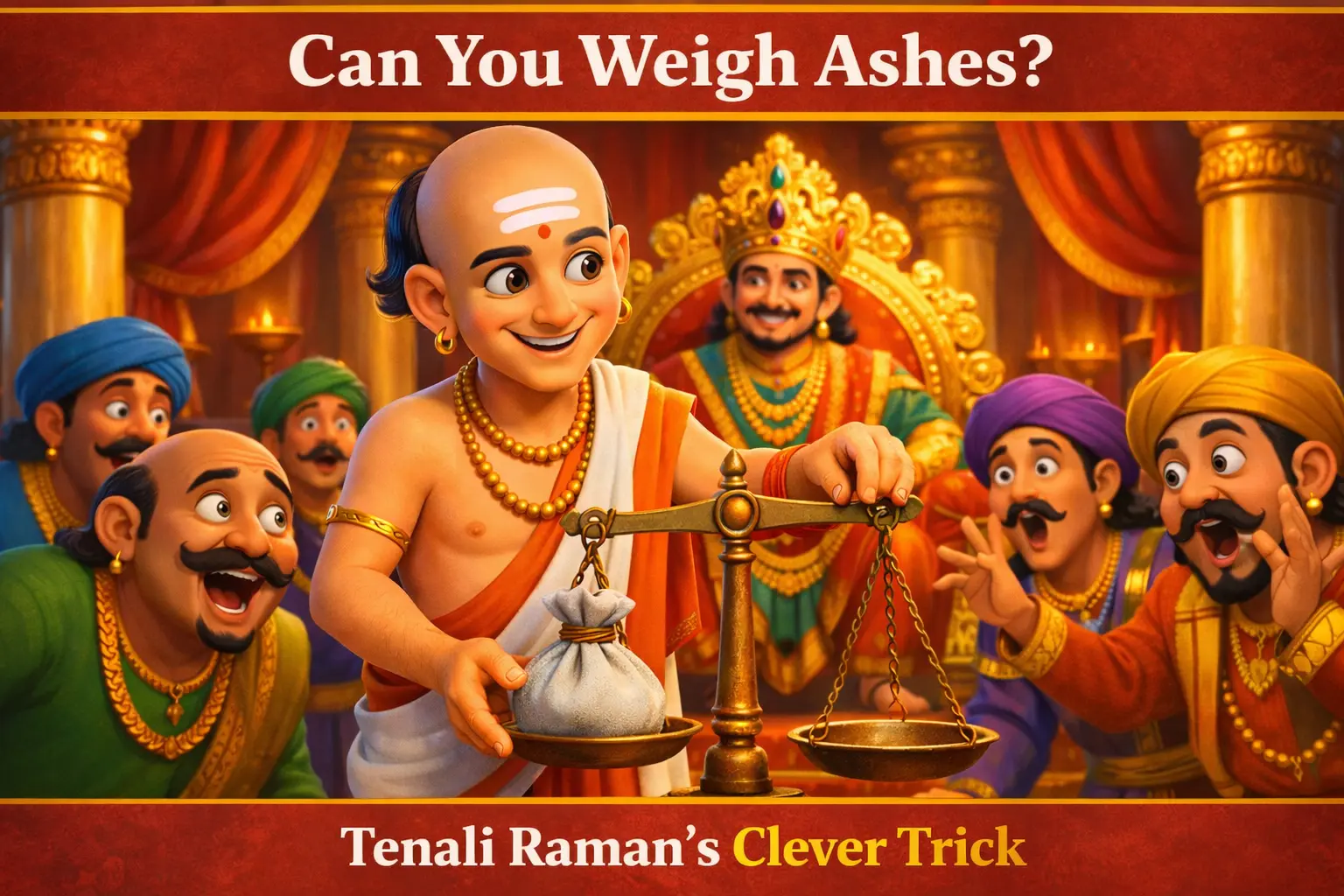 Tenali Raman and the Weight of Ashes story illustration in King Krishnadevaraya’s royal court