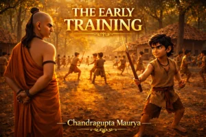 The Early Training of Chandragupta as Chanakya teaches discipline and strategy in a traditional Indian training setting