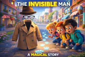 The Invisible Man story for kids illustration showing an invisible scientist with floating glasses and mysterious footprints