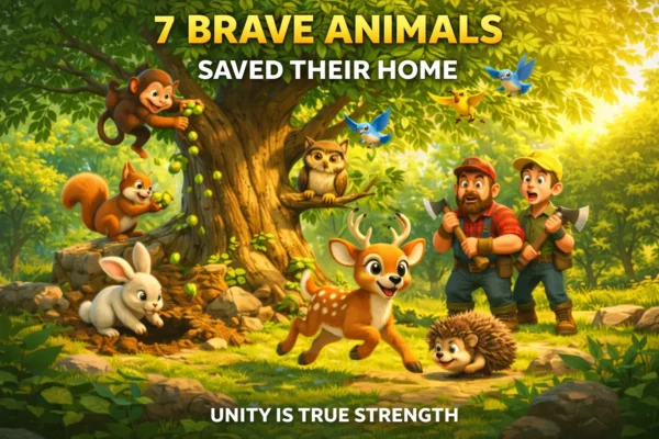 The-Neem-Tree-and-the-Brave-Animals-Moral-Story-illustration-showing-animals-united-to-protect-their-neem-tree-from-woodcutters-600x400 Why Chanakya Chose Chandragupta: The Tests That Revealed a Future Emperor