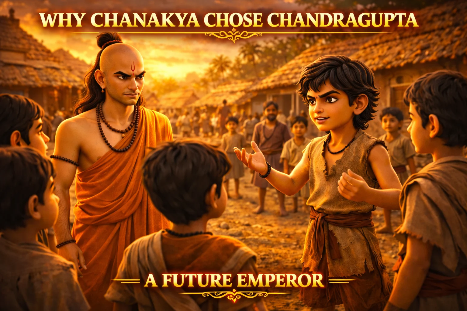 Why Chanakya Chose Chandragupta - Chanakya observing young Chandragupta Maurya showing leadership before choosing him as his student