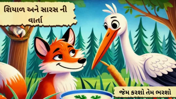 fox-and-stork-story-in-gujarati-with-moral-illustration-for-kids-600x338 🐦 તરસ્યો કાગડો વાર્તા ગુજરાતી માં નૈતિક શીખ સાથે | જીવન પાઠ અને પૈસાની સમજ