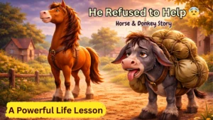 horse and donkey short story about helping others for kids, tired donkey carrying heavy load while horse refuses to help, moral story illustration