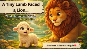 lion and the lamb story for kids illustration showing a kind lion and a scared lamb in a jungle river scene