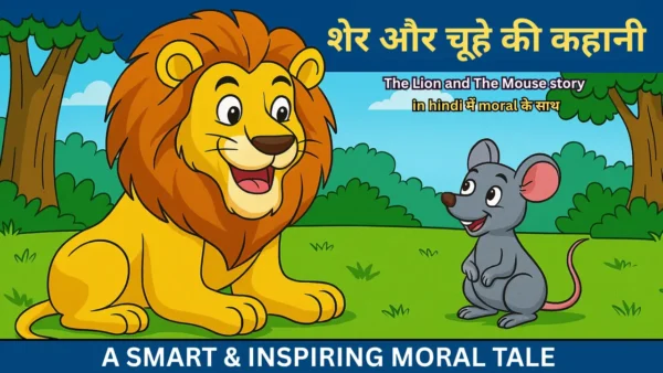 sher-aur-chuhe-ki-kahani-hindi-mein-moral-ke-saath-lion-and-mouse-story-illustration-600x338 शेर और मेमना की कहानी बच्चों के लिए | दिल छू लेने वाली प्रेरणादायक Moral Story