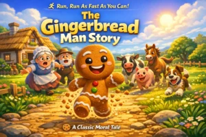 the gingerbread man story 3d cartoon illustration running from old woman and animals