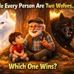 two wolves story with moral illustration showing good wolf and bad wolf with grandfather telling story