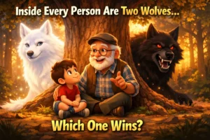 two wolves story with moral illustration showing good wolf and bad wolf with grandfather telling story