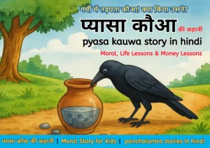 प्यासा कौवा की कहानी हिंदी में नैतिक शिक्षा के साथ, life lesson और money lesson, crow putting stones in pot to drink water story for kids
