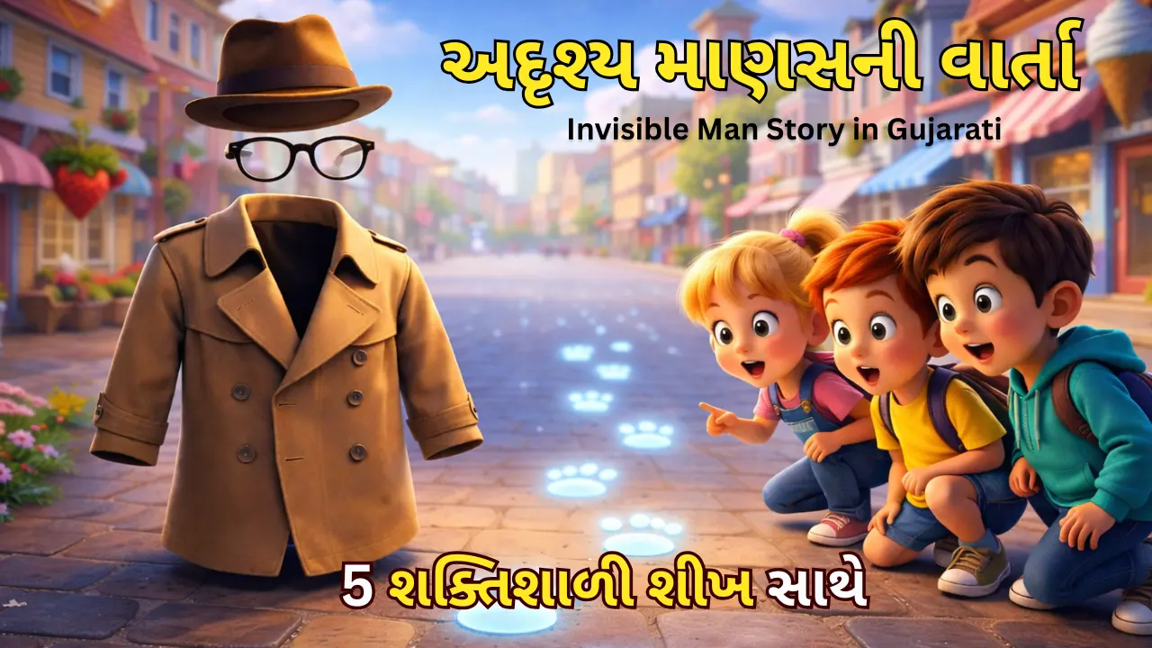 અદૃશ્ય માણસની વાર્તા બાળકો માટે invisible man footprints અને બાળકો સાથે Gujarati story image