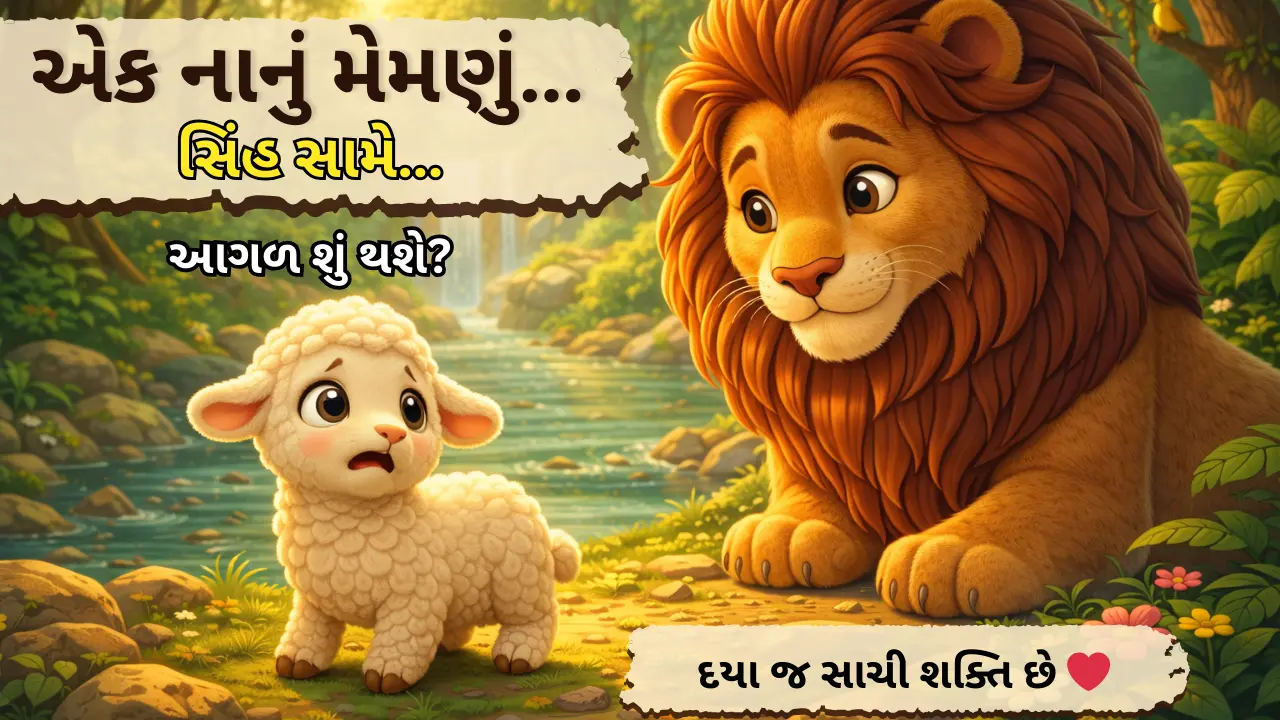 સિંહ અને મેમણાની વાર્તા બાળકો માટે – જંગલમાં નાનું મેમણું સિંહ સામે ઉભું છે, દયા અને કરુણાનો સુંદર દૃશ્ય દર્શાવતું ચિત્ર