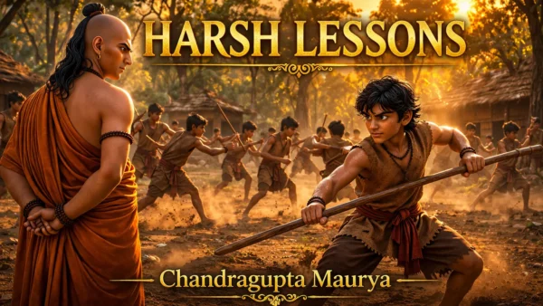 Chanakya’s Harsh Lessons for a Future King showing Chanakya training Chandragupta Maurya in intense discipline practice in an ancient gurukul