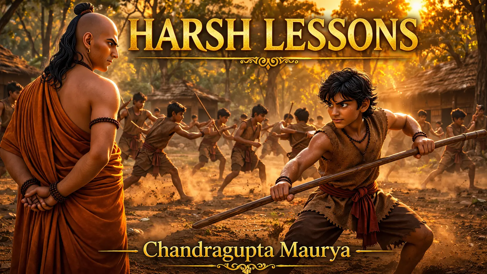 Chanakya’s Harsh Lessons for a Future King showing Chanakya training Chandragupta Maurya in intense discipline practice in an ancient gurukul