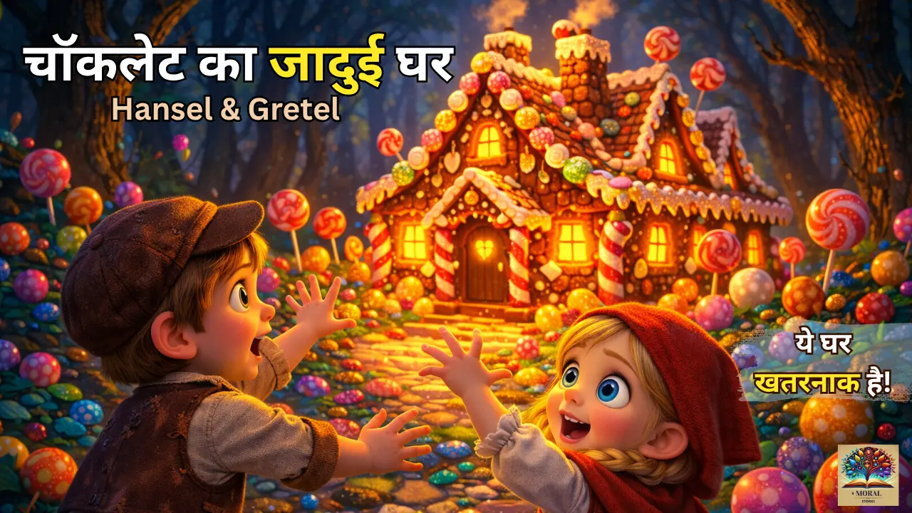 Hansel and Gretel Story in Hindi image, chocolate house in jungle, kids moral story illustration